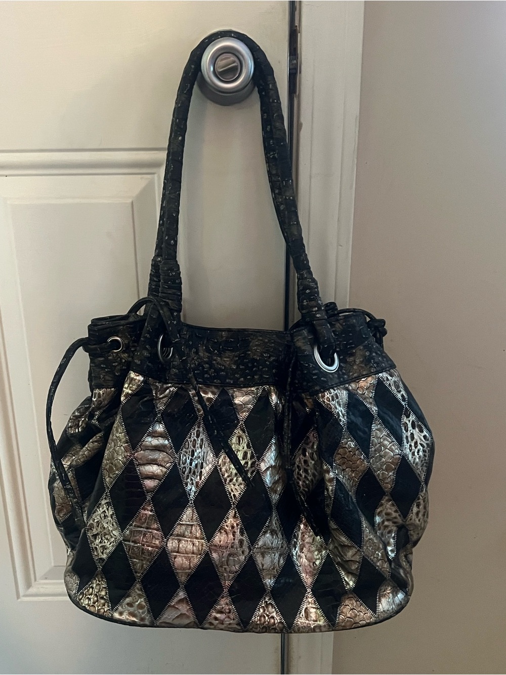 Metallic Black Patchwork Tote Bag
